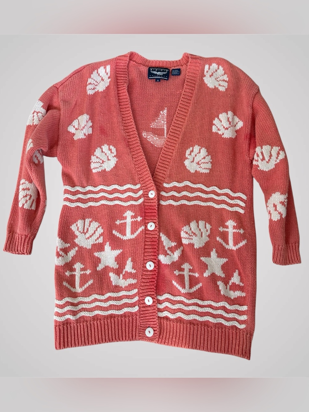 Vintage Nautical Coral Button-Front Cardigan Sweater